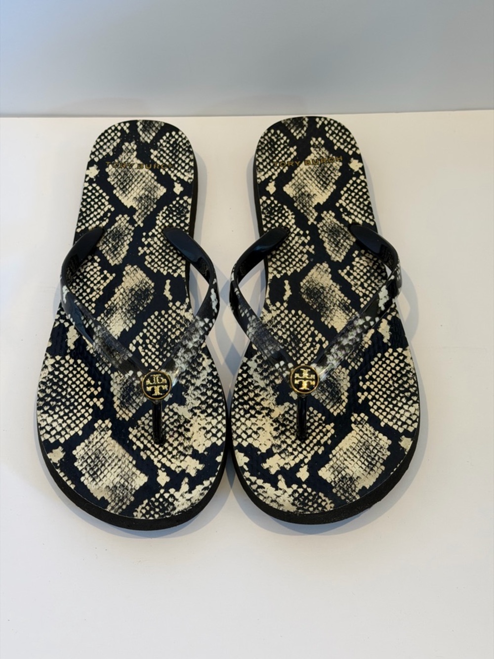 Tory Burch Black & Cream Snake-Print Logo Flip Flops 9
